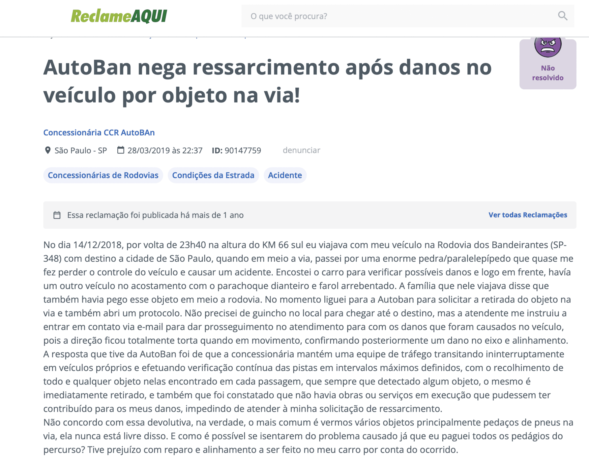 relato sobre acidente com objeto em rodovia no Reclame Aqui