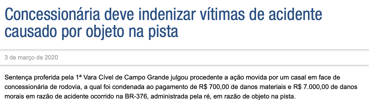 notícia sobre concessionária que indenizou vítima de acidente causado por objeto na pista