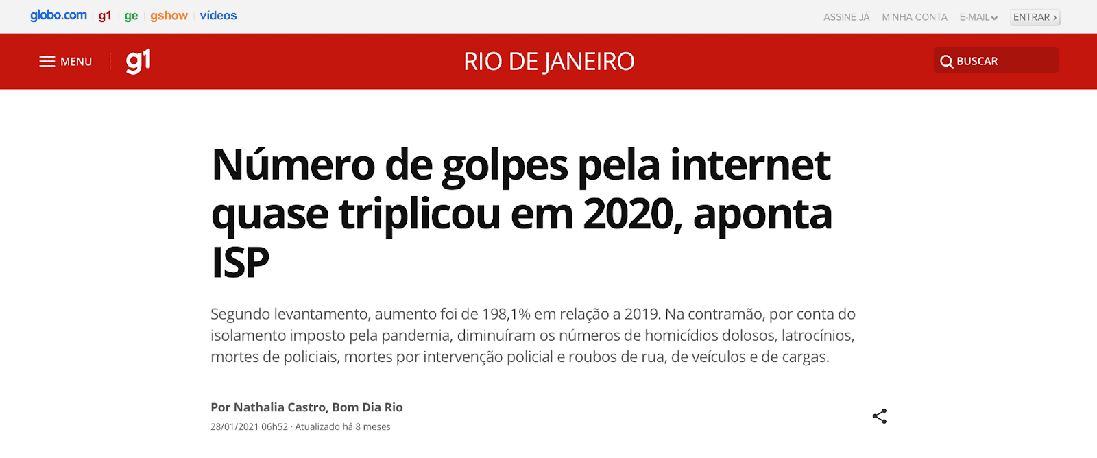 notícia do G1 sobre o aumento de número de golpes pela internet