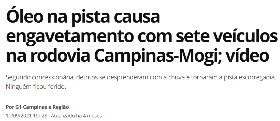 notícia sobre acidente causado por óleo na pista