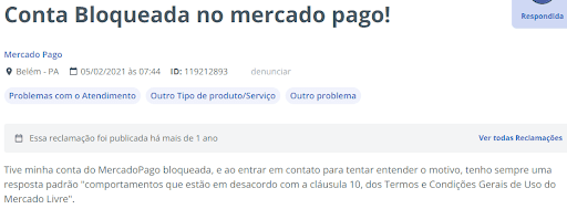 exemplo de reclamação de conta suspensa no Mercado Pago