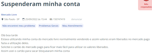 exemplo de reclamação de conta suspensa no Mercado Pago