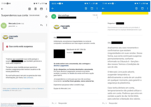 exemplo de aviso que a conta do mercado pago foi suspensa