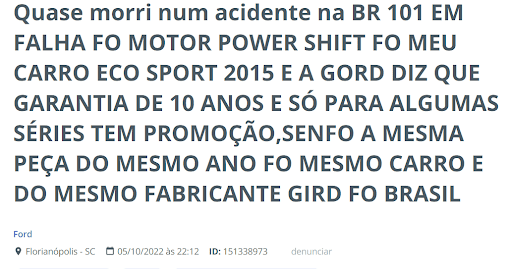 relato de acidente causado por defeito no câmbio powershift