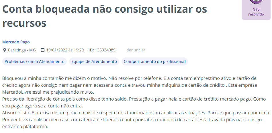 relato de conta suspensa do Mercado Livre no Reclame Aqui