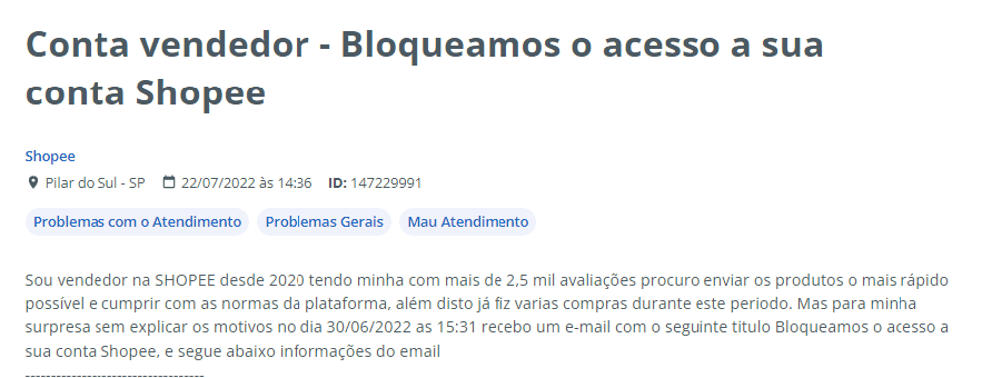 shopee conta suspensa reclame aqui