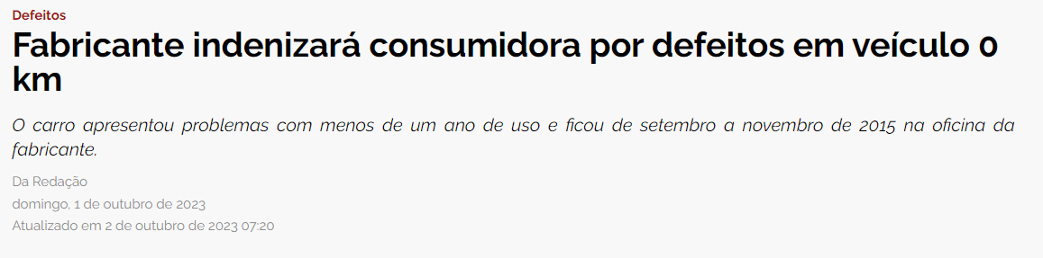 indenização defeito em veículo novo