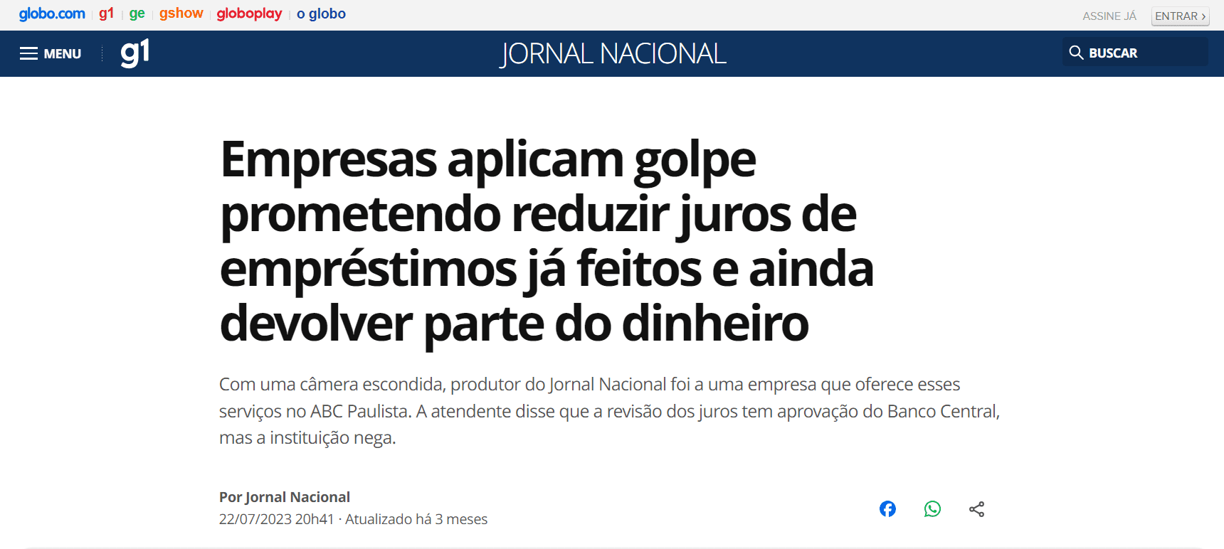 notícia sobre golpes de redução de empréstimo consignado no WhatsApp